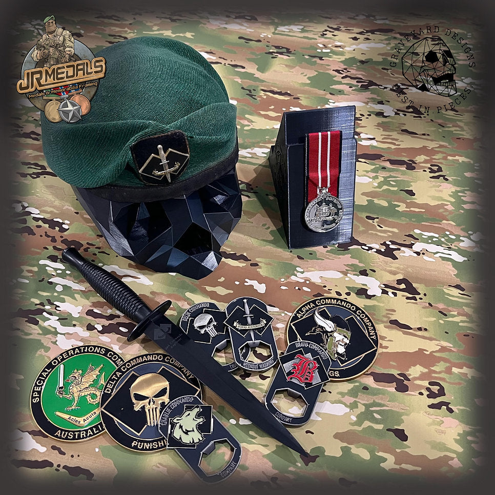 Military beret and medal display