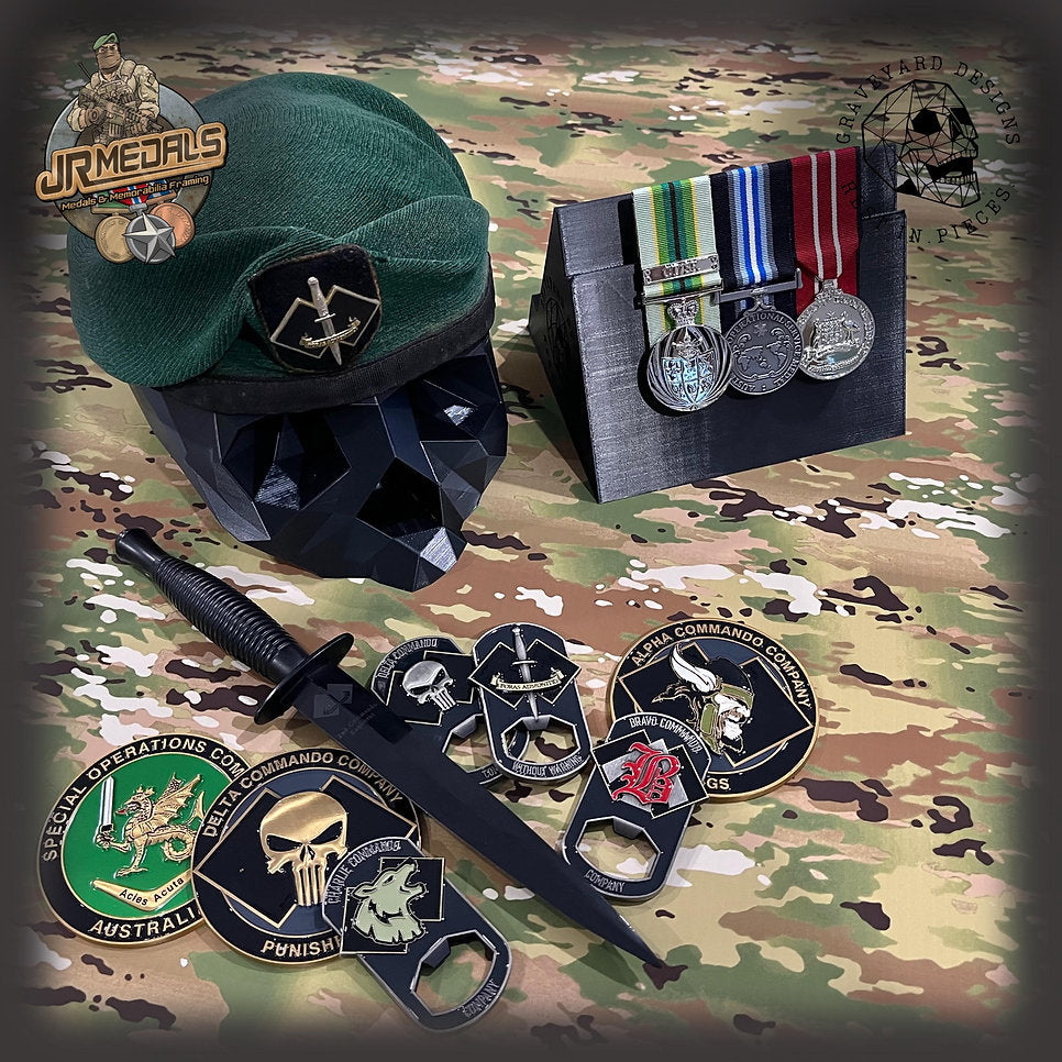 Military beret and medal display